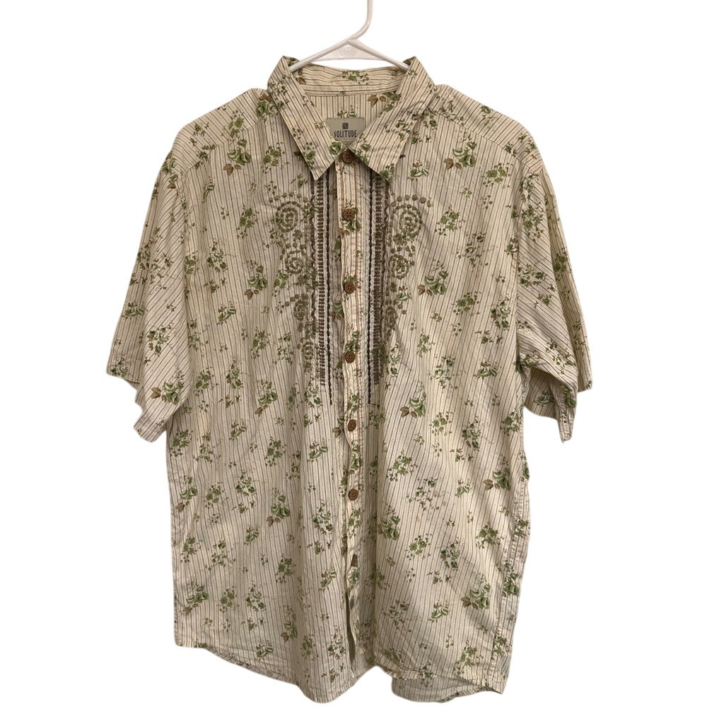 Solitude Beige‎ and Green Floral Men's Shirt, Size Large